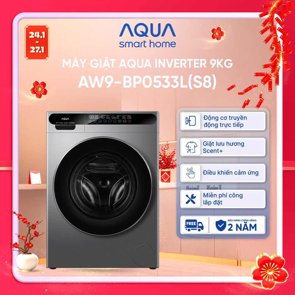 [SẮP RA MẮT 2026] Máy giặt cửa trước AQUA Inverter 9kg AW9-BP0533L(S8) - Bảo hành 2 năm - Freeship toàn quốc - Hàng chính hãng