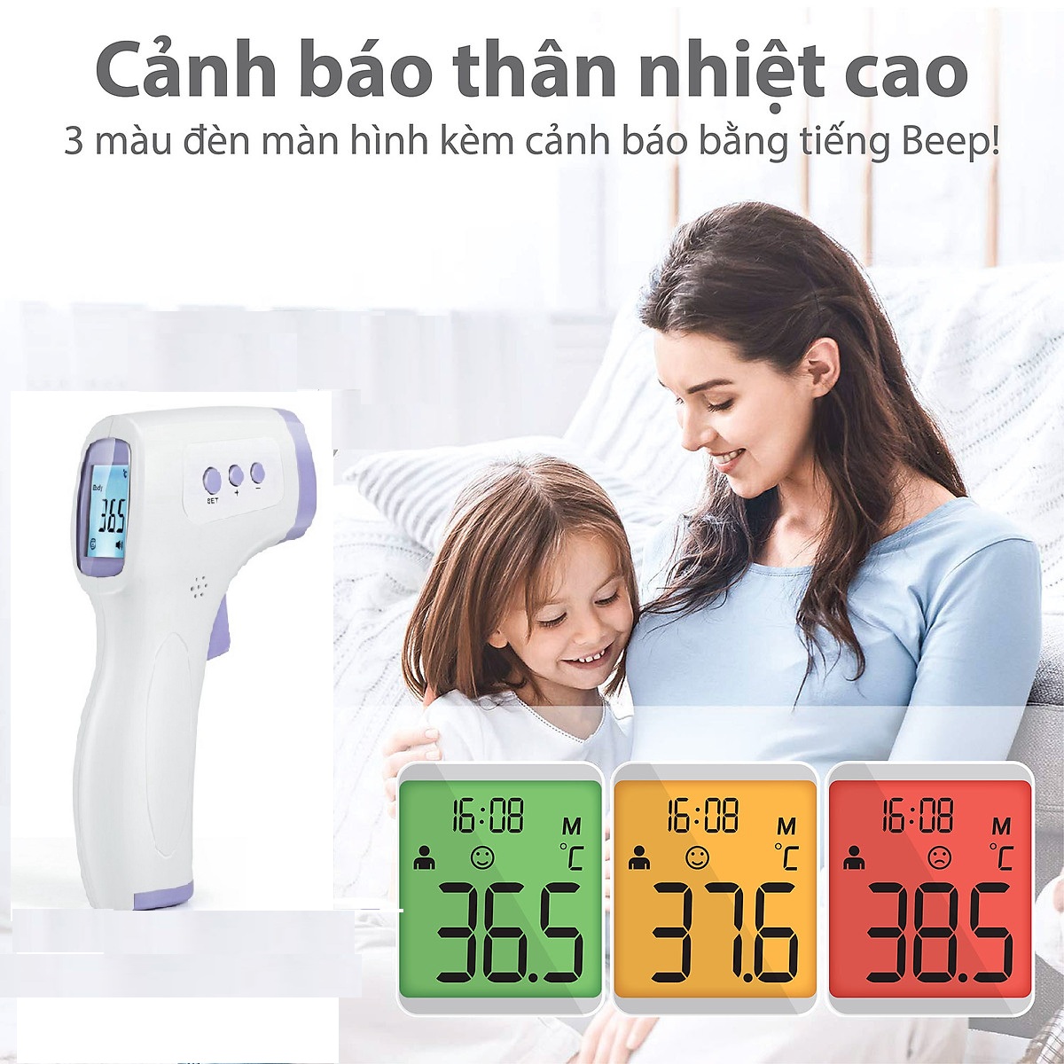 Nhiệt kế đo nhiệt độ chỉ trong  1 giây là có kết quả đo, không tiếp xúc với cơ thể, bảo đảm vệ sinh., đo nhiệt độ sữa cho bé, nước tắm và nhiệt độ phòng