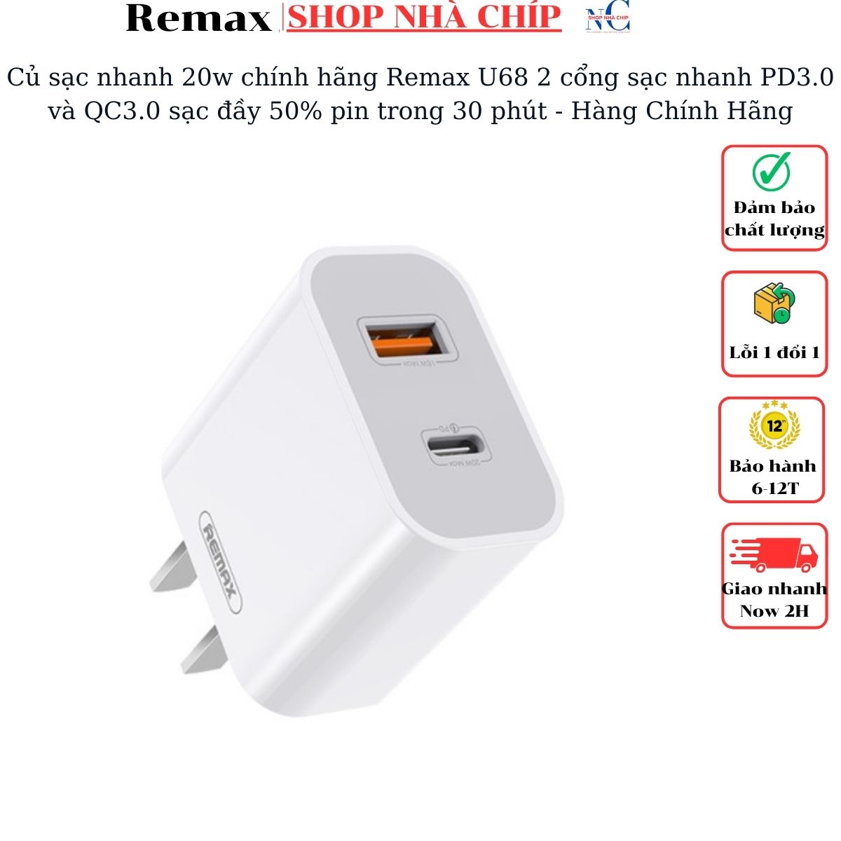 Củ sạc nhanh 20w chính hãng Remax U68 2 cổng sạc nhanh PD3.0 và QC3.0 sạc đầy 50% pin trong 30 phút - Hàng Chính Hãng Remax