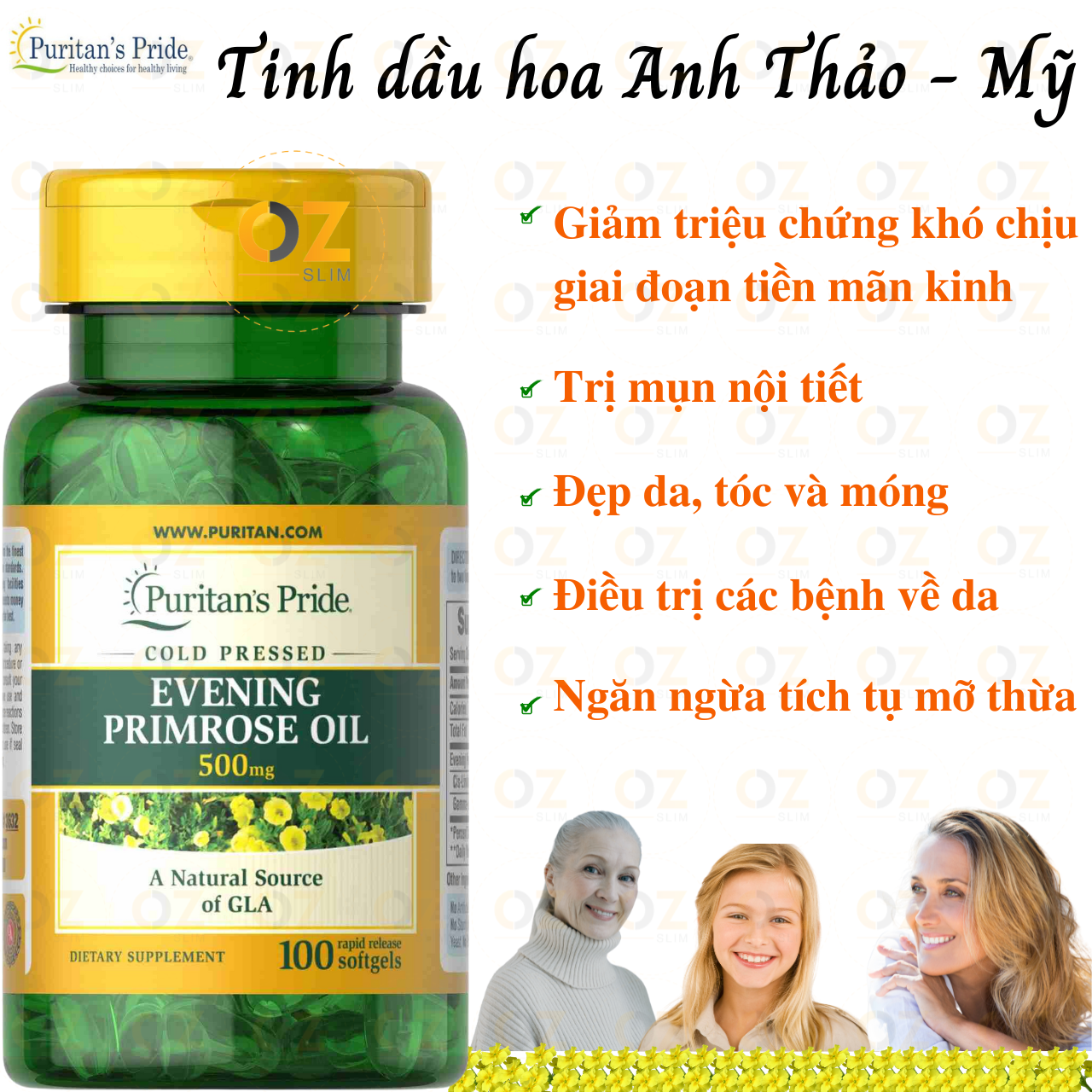 Tinh dầu hoa anh thảo Evening Puritan's Pride giúp cân bằng nội tiết tố nữ, đẹp da, giảm đau kỳ kinh, mãn kinh và tăng sức khỏe  - OZ Slim Store