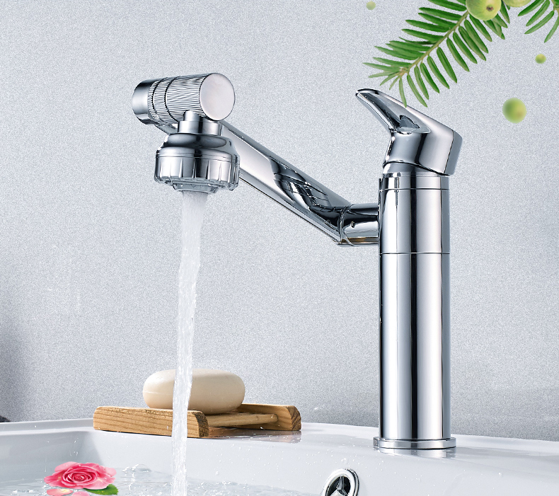 Vòi rửa mặt Lavabo cổ xoay 720 độ đa chiều, củ đồng, thân ngắn, mạ Crom, điều chỉnh nhiều chế độ tia nước Minh House