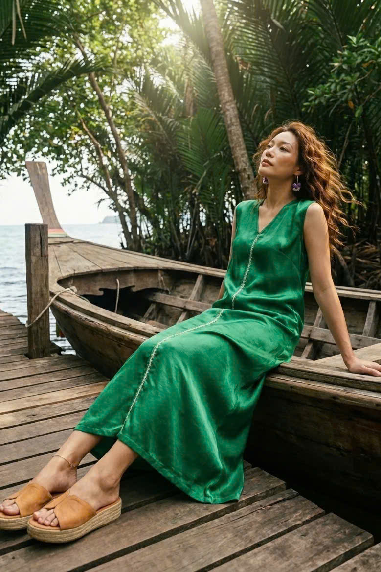 Đầm Maxi Lụa Tơ Tằm Thêu Tay Xanh Ngọc Phỉ Thuý DRE202 thời trang thiết kế Hity