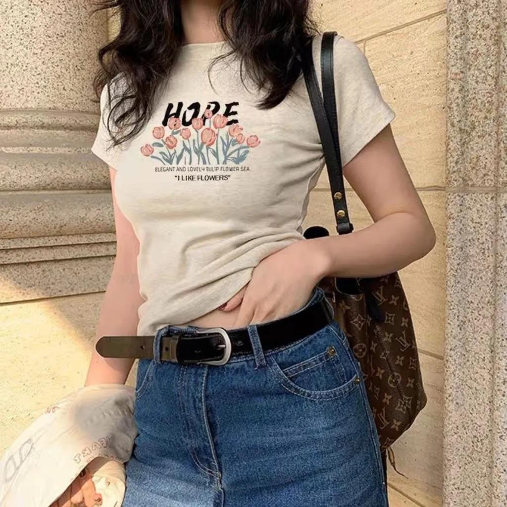Áo thun nữ body tay ngắn phong cách đơn giản, in hình hoa