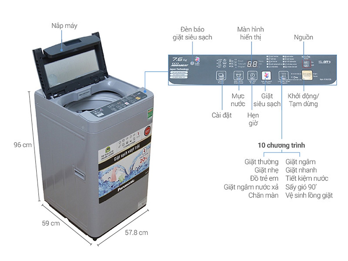Máy giặt Panasonic 7.6 kg NA-F76VS9GRV - Hàng Chính Hãng + Tặng Bình Đun Siêu Tốc