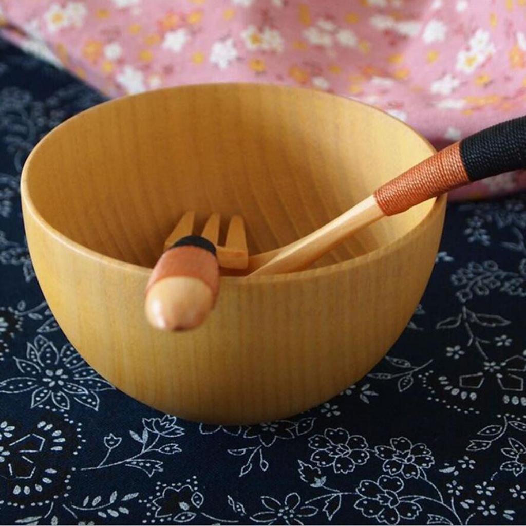 2Pcs Round Wooden Cereal Bowl Food Container Camping Dinner Lunch Tableware