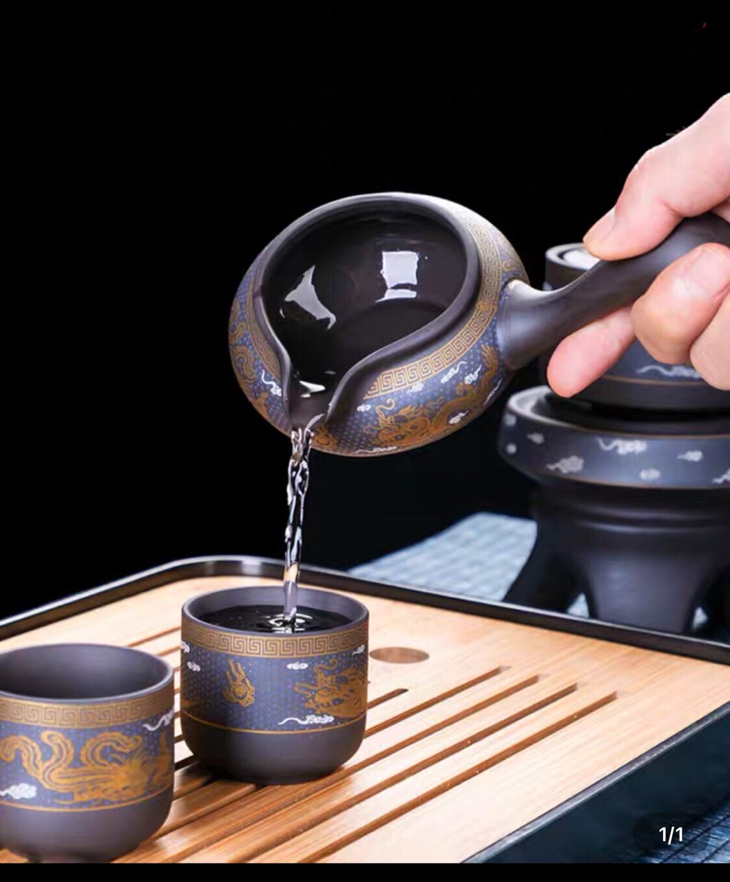 Bộ Ấm Chén Pha Trà Cối Xay Tự Động Rồng Phượng Gốm Sứ ,Cát Tím Độc Đáo ,18,17, 8 ,6 Chi Tiết