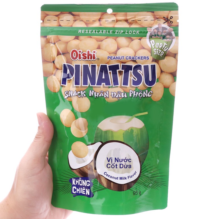 3 goi Snack nhân đậu phộng vị nước cốt dừa Pinattsu Oishi gói 95g