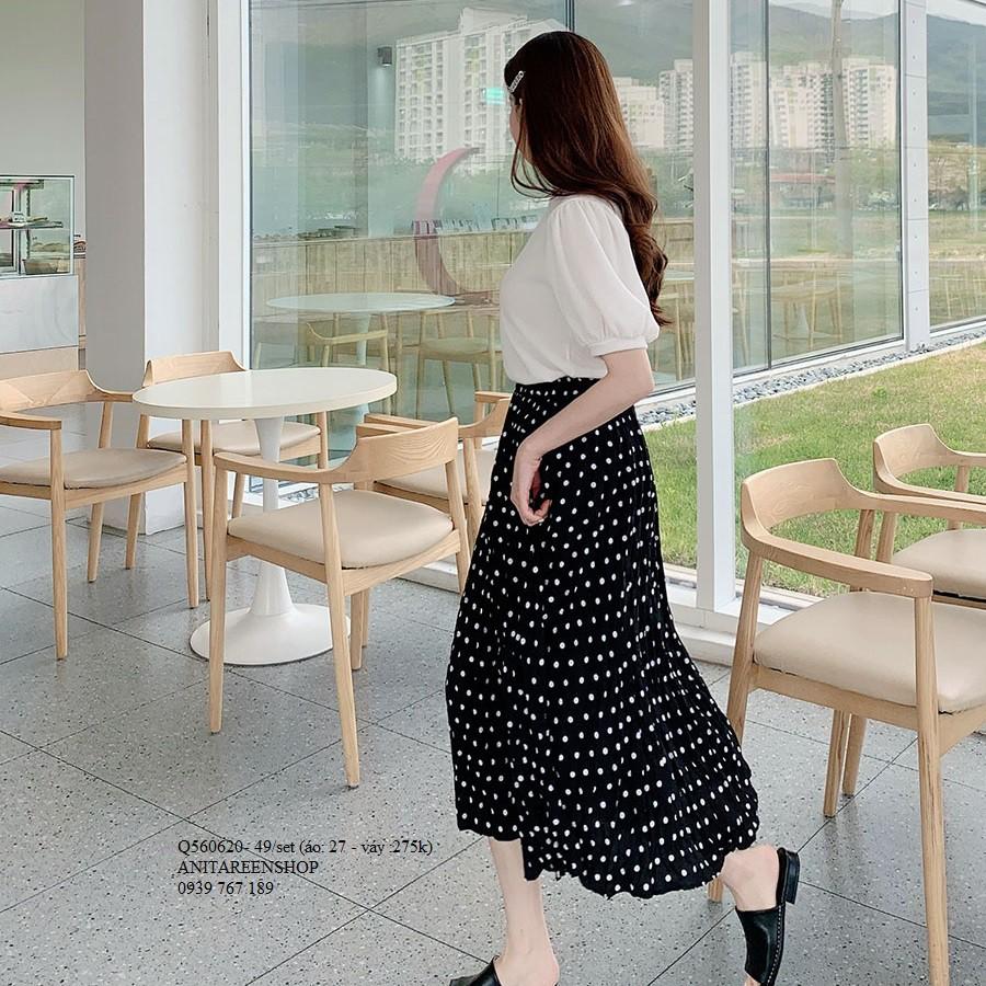 Q560620 SET ÁO KIỂU PHỐI CHÂN VÁY CHẤM BI