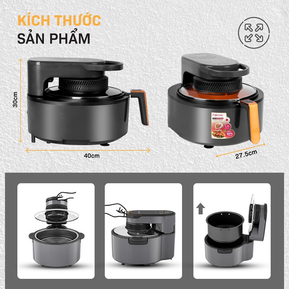 Nồi chiên không dầu 6L nhập khẩu Nhật Bản Fujihome điện tử mặt kính, bếp chiên không khí thế hệ mới - Hàng Chính Hãng
