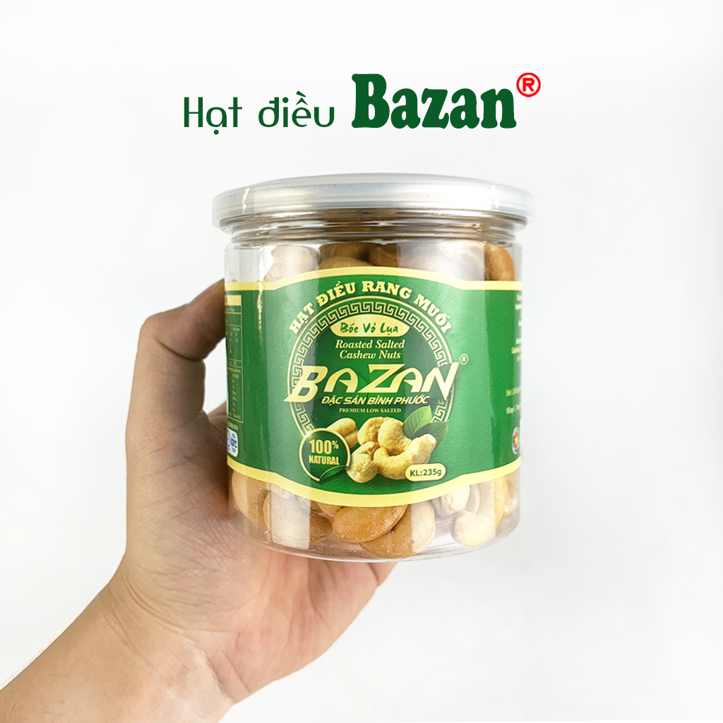 Hạt điều rang muối Bazan Bình Phước nguyên hạt dinh dưỡng A+ loại 1 hộp 235g nắp bật sạch vỏ lụa