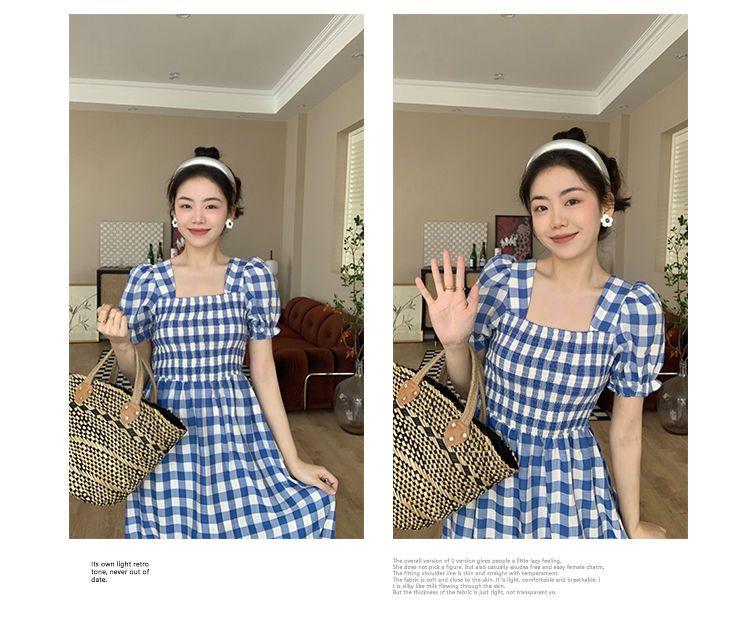 TOBE1SHOP Thanh lịch Port Wind Vintage kẻ sọc ăn vuông cổ thắt lưng sọc đi lại khí chất ngọt ngào bong bóng tay áo váy