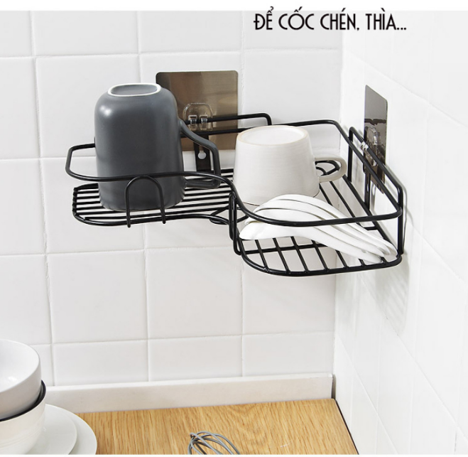 Giá góc, kệ góc treo tường bằng miếng dính  cho nhà bếp, phòng tắm thêm gọn gàng, để được nhiều đồ hơn
