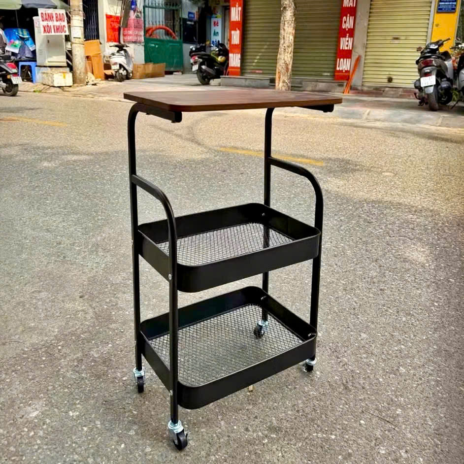 Kệ Đẩy 3 Tầng Mặt Gỗ Đa Năng, Kệ Đựng Đồ Spa, Showrom, Nhà Bếp Đồ Khô Có Bánh Xe