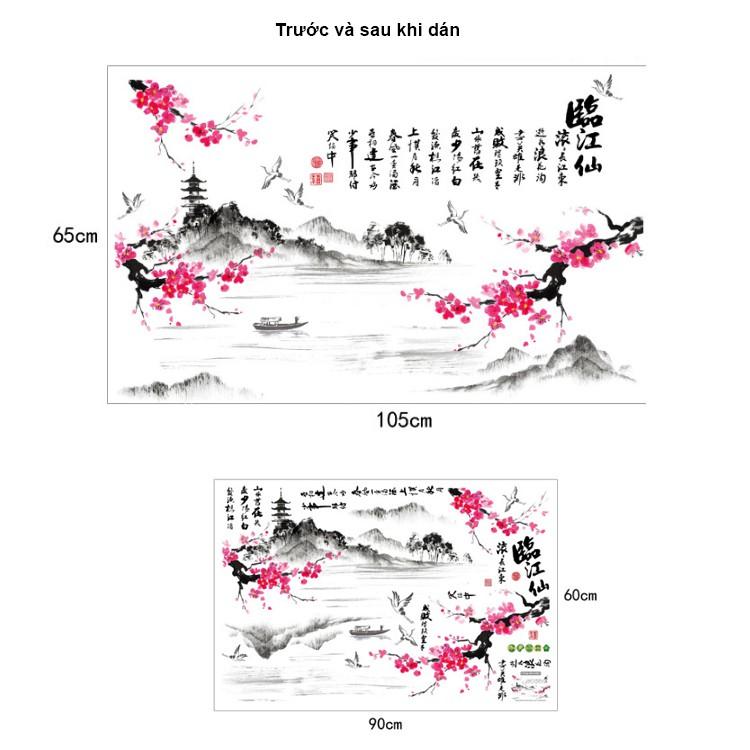 Decal dán tường nghệ thuật sơn thủy hữu tình hoa đào lãng mạn SH1932