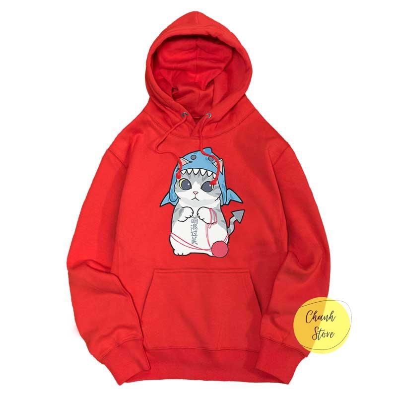 Áo Hoodie Unisex Dáng Rộng Mèo Cá Mập