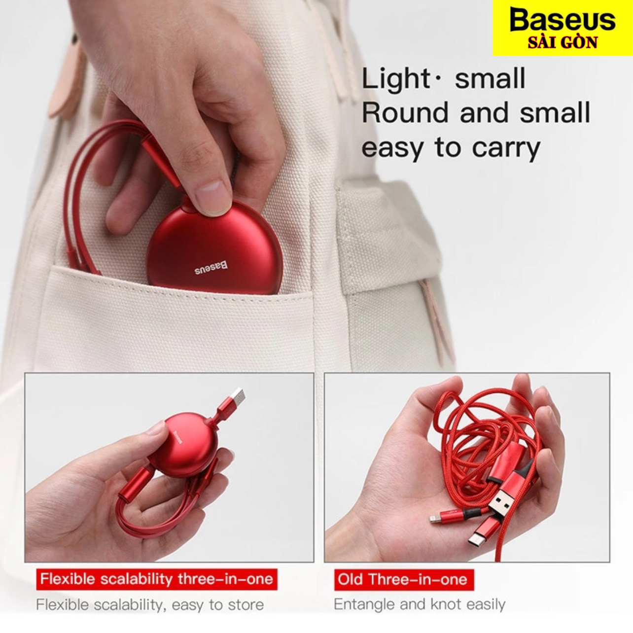 Cáp sạc BASEUS CAMLT-ZY 1.2M 3 in 1 Little Octopus dây rút, Light-ning &amp; Micro &amp; Type-C- Hàng Chính Hãng
