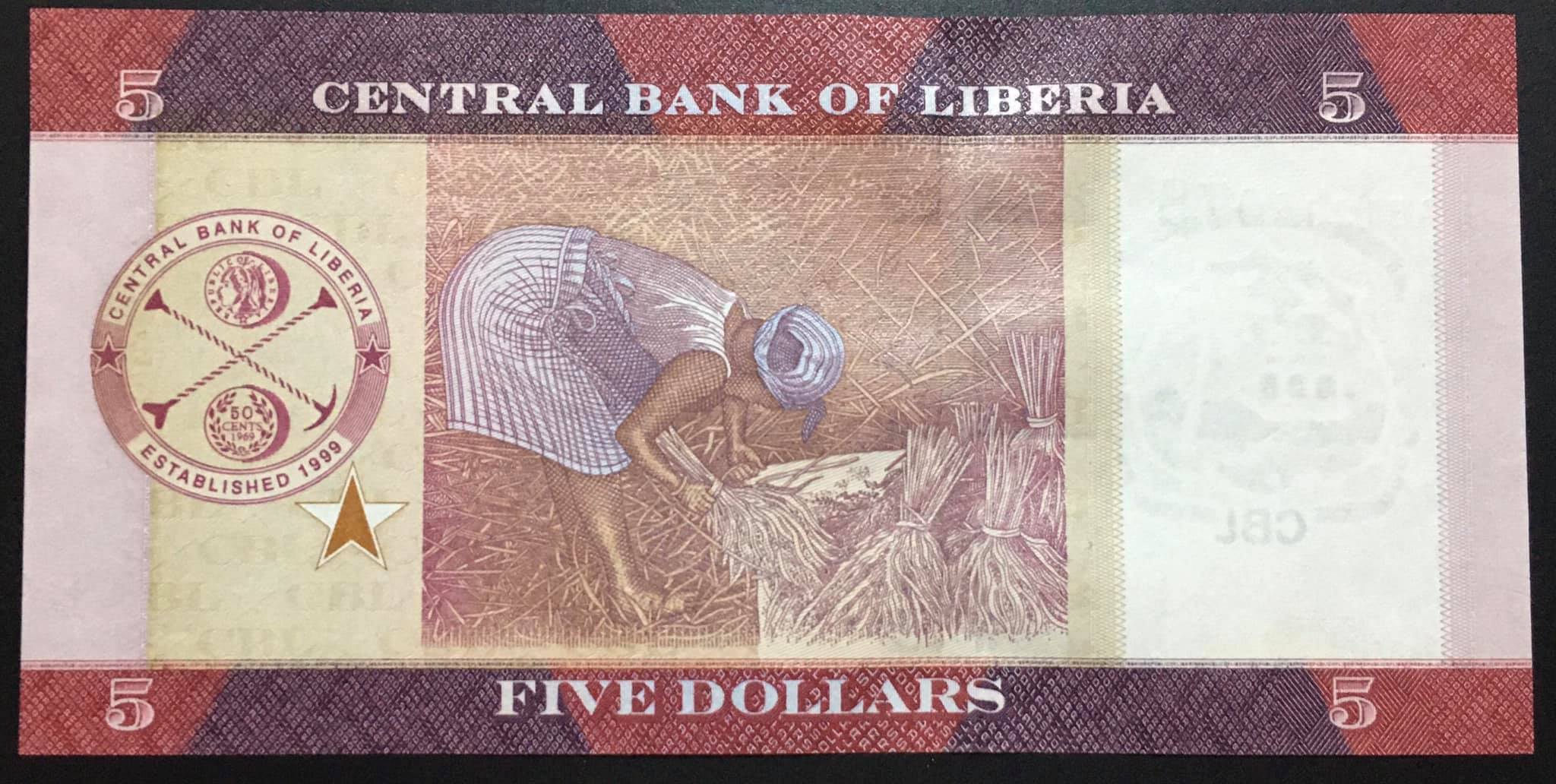 Tờ 5 Dollar của Liberia tiền châu Phi , Mới 100% UNC