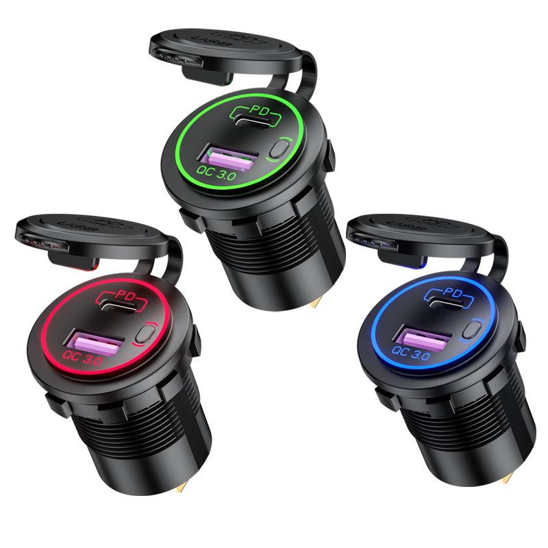 PD loại C/QC 3.0 Bộ sạc xe hơi USB với công tắc ổ cắm điện