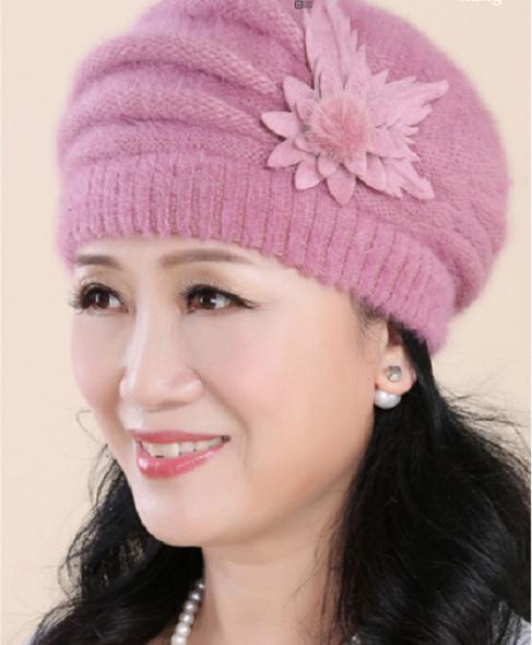 Mũ len lông thỏ gắn hoa đơn phong cách Hàn cho người lớn tuổi, nón nồi len nữ