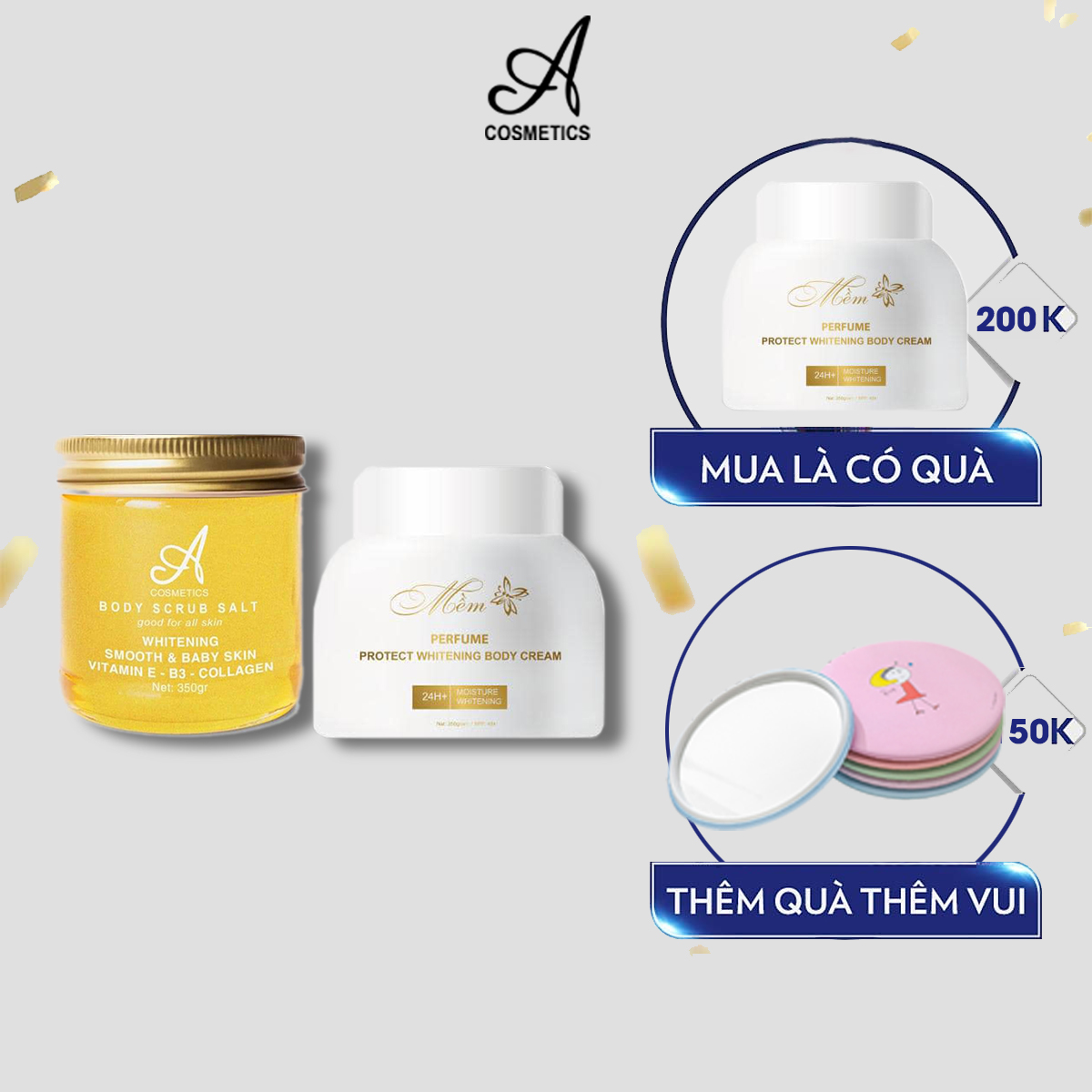 Bộ tắm trắng toàn thân cấp tốc Acosmetics Premium: Kem body mềm 250g + Tẩy tế bào chết muối cafe chồn 350g