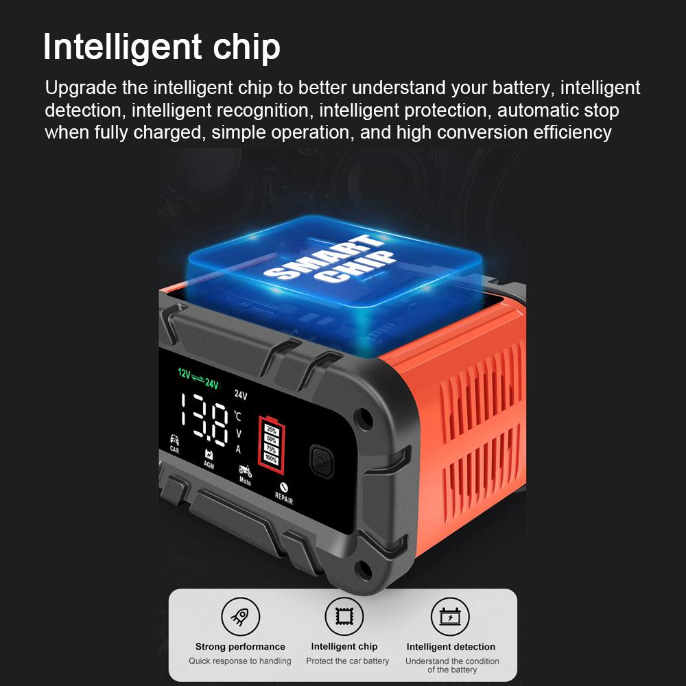 E-FAST Car Battery Chargers 12V/24V Intelligent Pulse Repairing Charge Device Automotive Battery Trickle Maintainer with LCD Digital Display for Car Truck Motorcycle Battery Leadacid Battery Lithium Battery