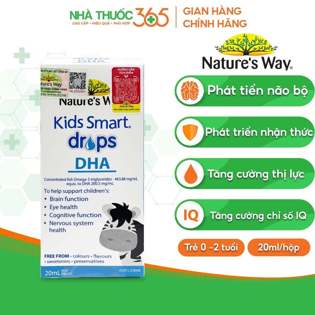 DHA Nature's Way Kids Smart Drops Dạng Giọt Giúp Tăng IQ, Phát Triển Não Bộ Cho Bé 20ml