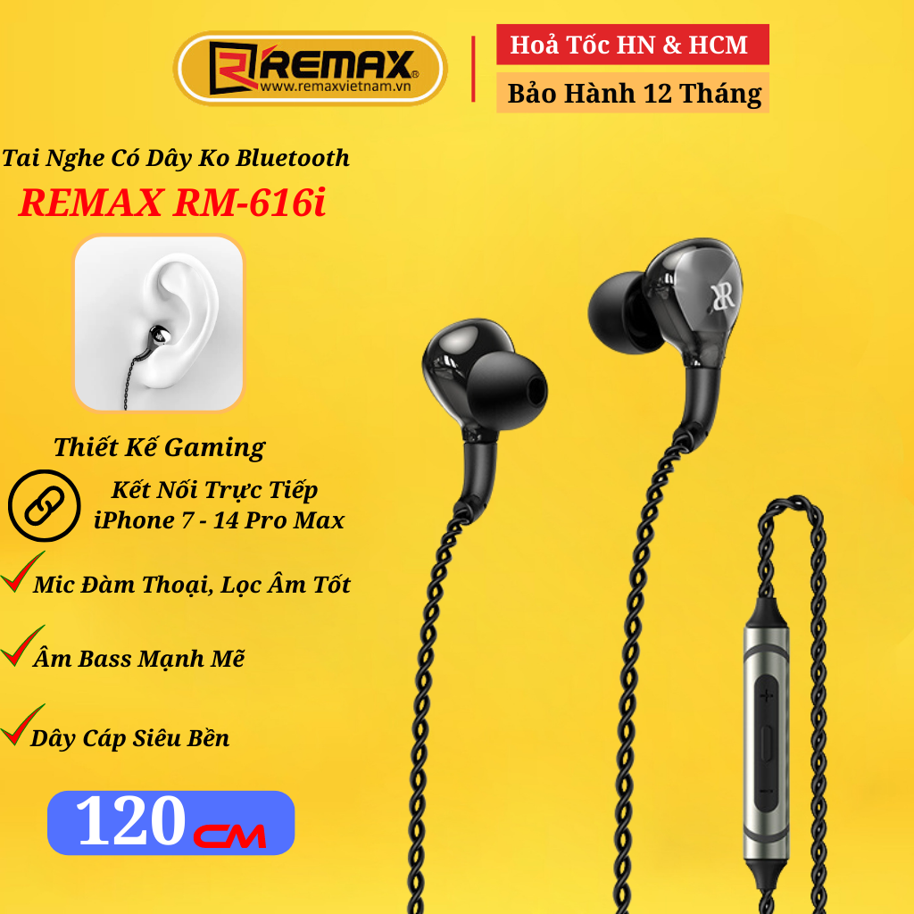 Tai nghe có dây nhét tai chân Lighning không cần kết nối Bluetooth - chống ồn gaming chơi game pubg Remax RM-616i - Hàng Chính Hãng Remax