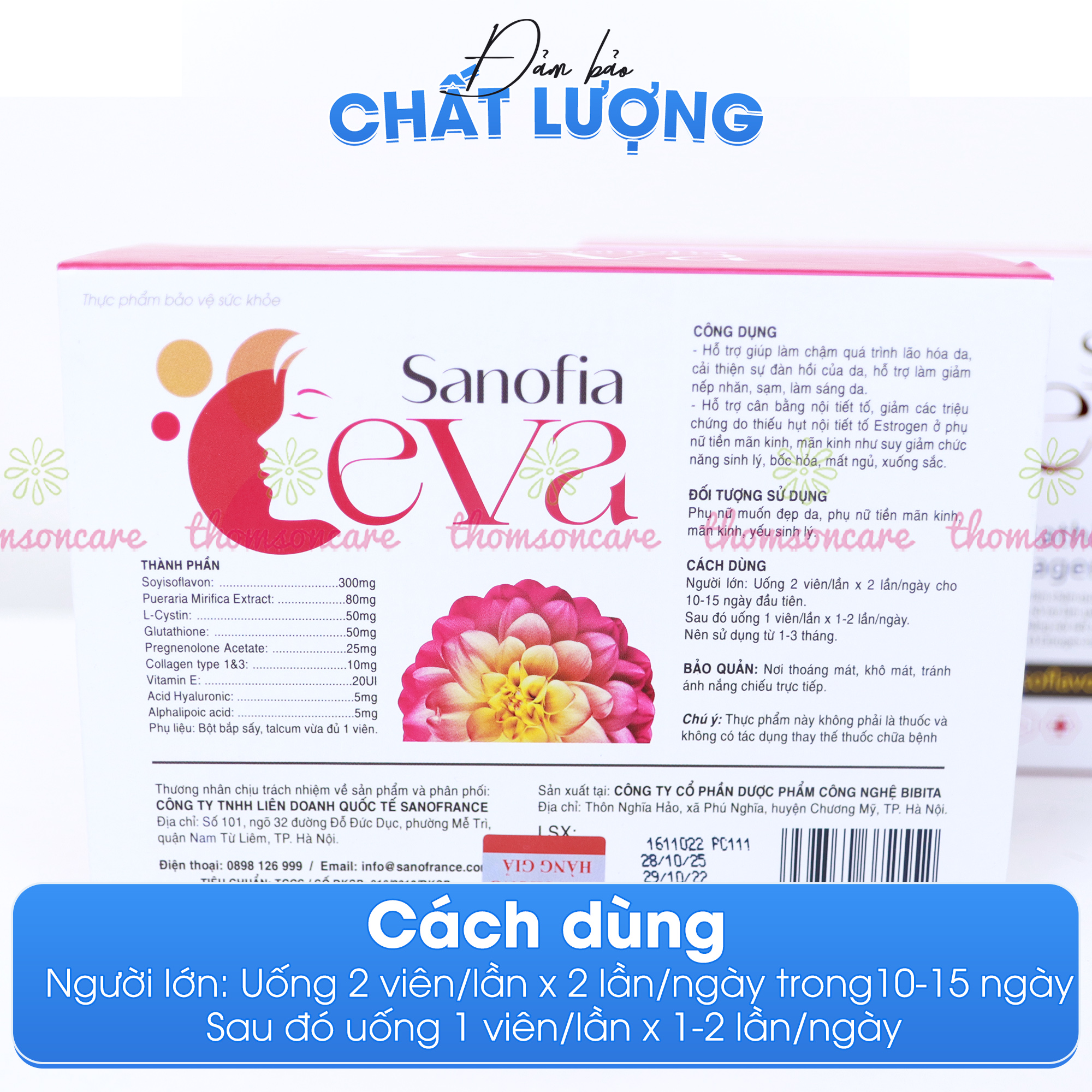 Viên uống nội tiết tố nữ Eva Hồng Sanofia-Hỗ trợ làm chậm quá trình lão hóa da, cải thiện đàn hồi da - Hộp 30 viên Thomsoncare