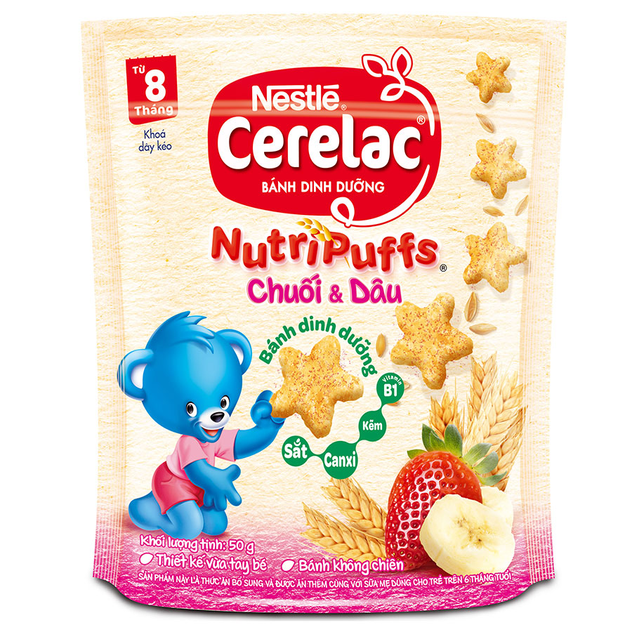 Bánh Ăn Dặm Nestlé CERELAC Nutripuffs Vị Chuối Dâu - Gói 50g