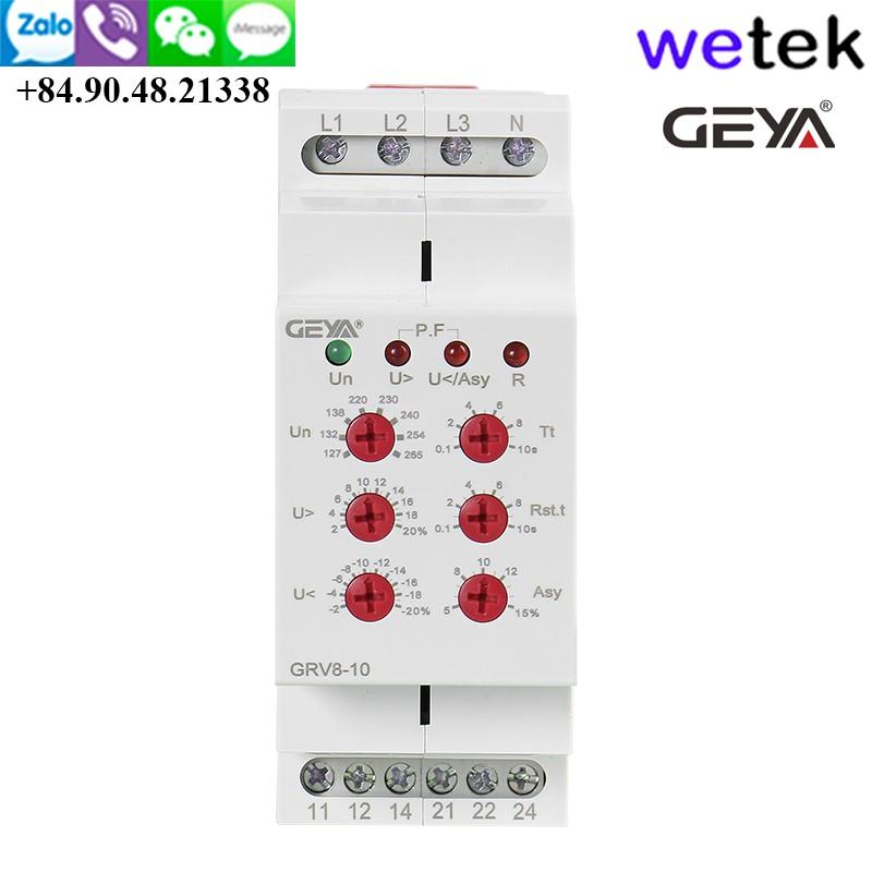 Wetek | Geya GRV8-10 Relay điện áp3 pha, cao thấp áp, mất pha, ngược pha, mất cân bằng pha, 36mm, DIN, cài trễ reset