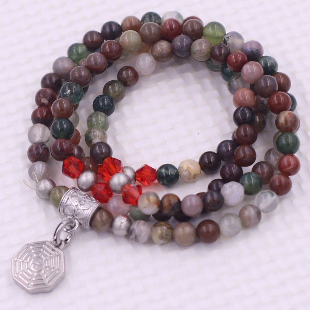 Vòng chuỗi 108 hạt mã não đa màu 6 ly charm bát quái inox - vòng chuỗi niệm Phật, vòng tay chuỗi hạt