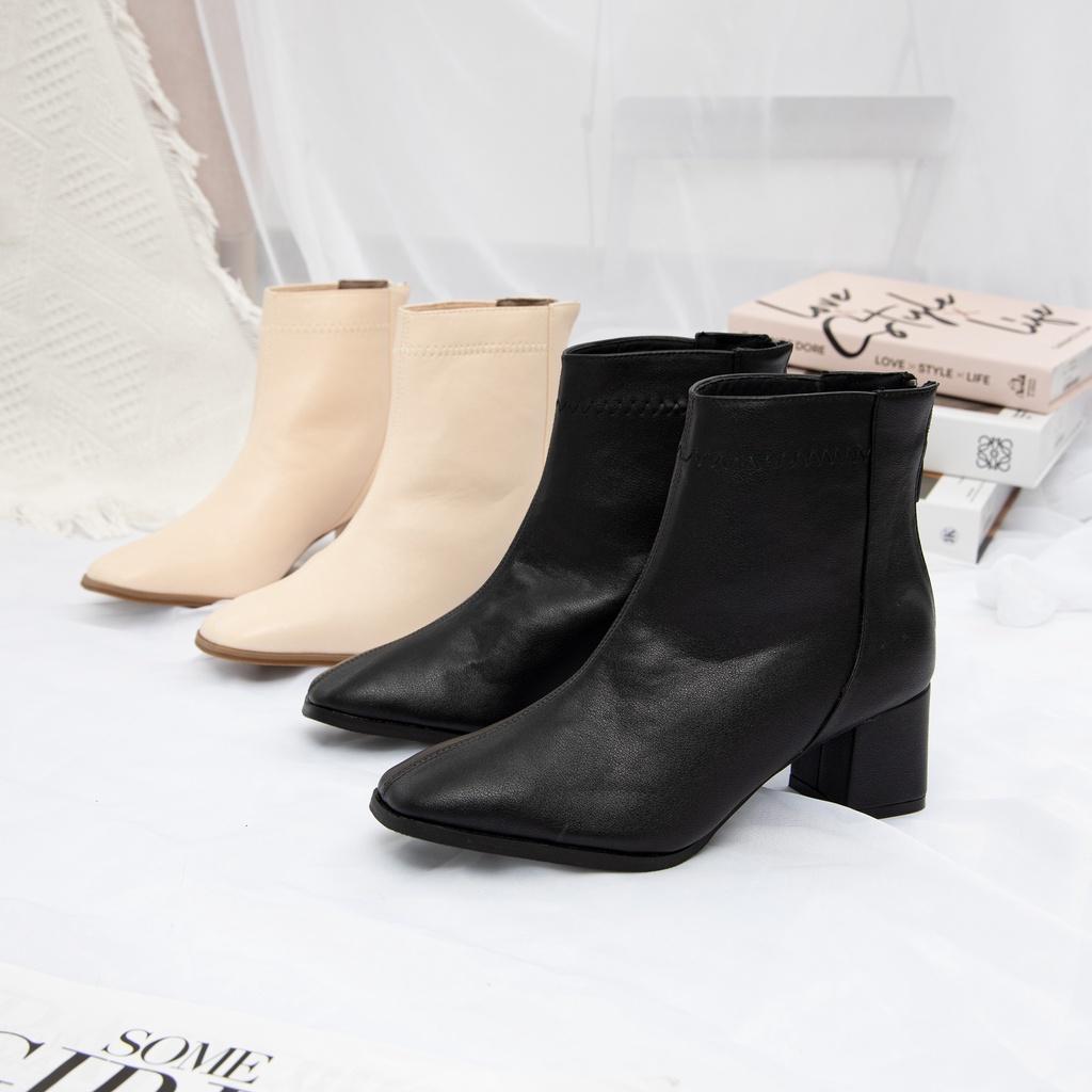 Giày Boots Nữ thời trang MWC Boots cổ thấp gót vuông 5p dáng bốt lửng màu đen phong cách hàn quốc NUBO-9103