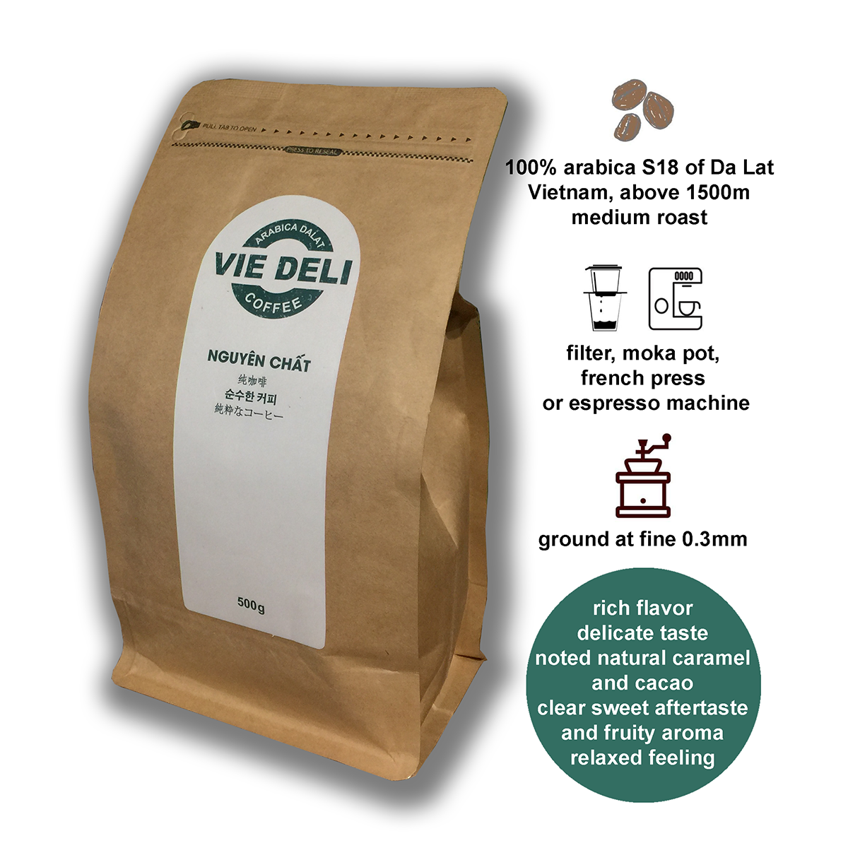 Cà phê bột Arabica Dalat Viedeli, túi 500g