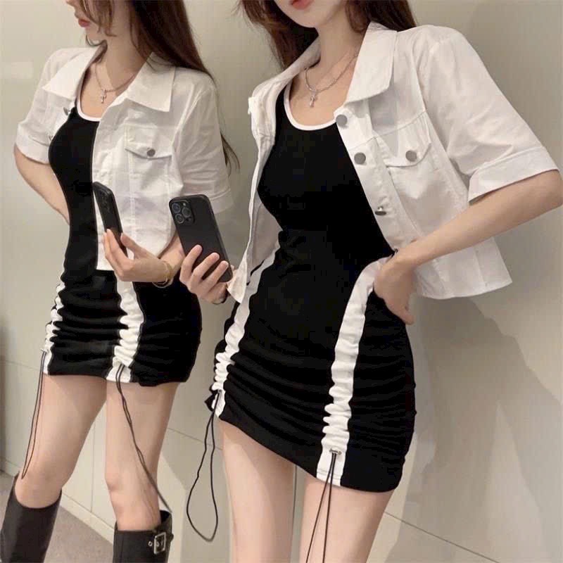 SÉT ÁO KHOÁC KAKI KÈM ĐẦM BODY RÚT DÂY NHÚN THÂN MÀU Y HÌNH