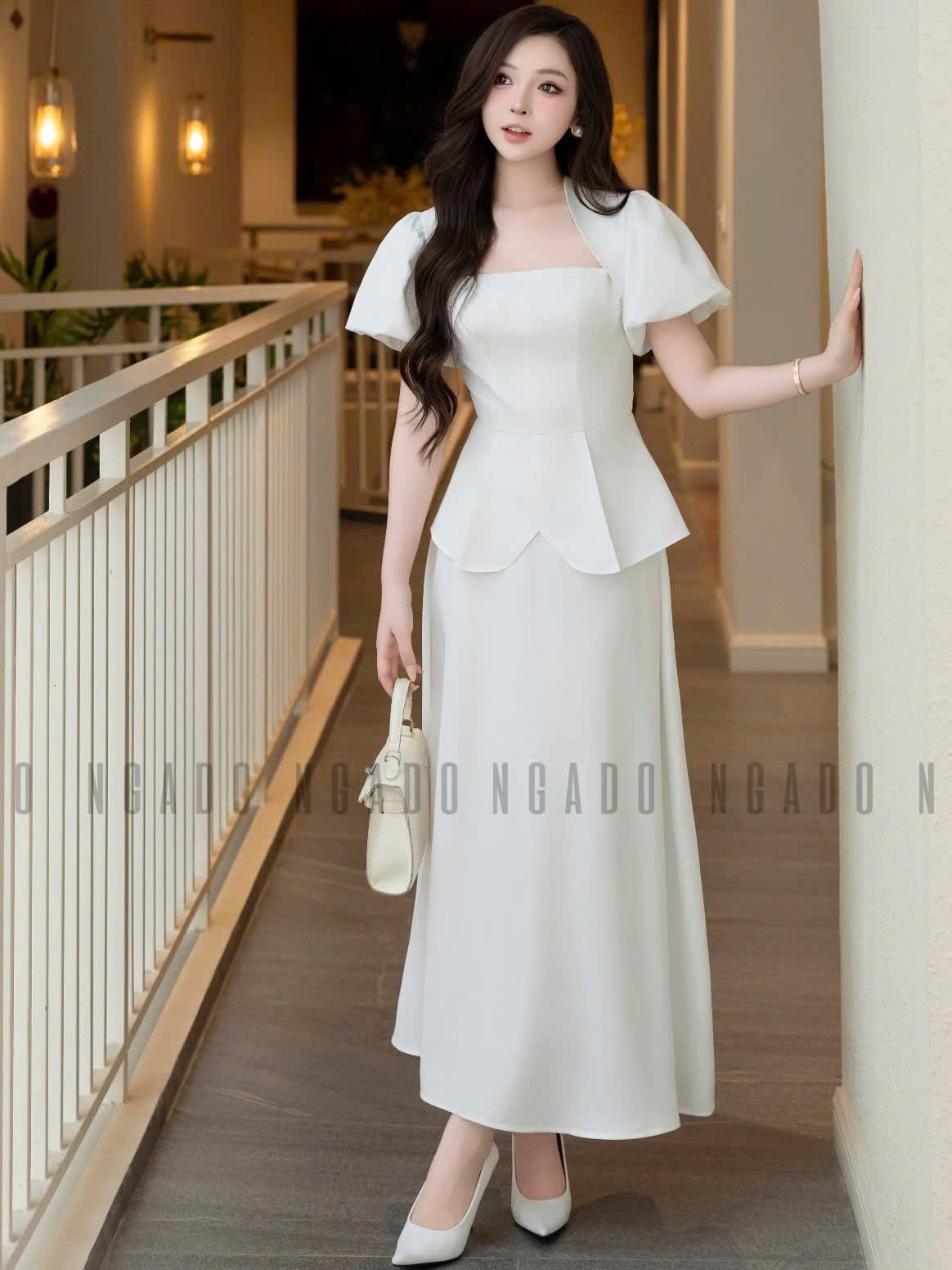 Set áo váy trắng tay phồng NGADO , set áo váy dài , set áo váy công sở , dự tiệc