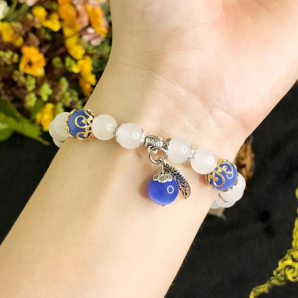 Vòng Tay Cho Mệnh Kim - Vòng Tay Nữ Mã Não Trắng 8mm Mix Đá Mắt Mèo Xanh Biền 10mm V353-8
