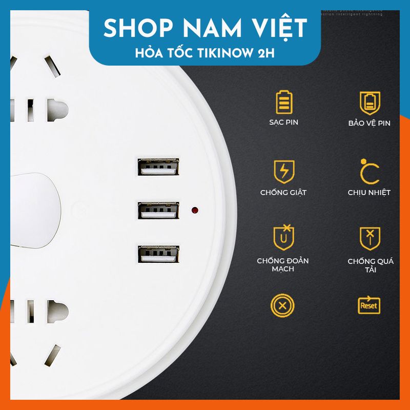 Ổ Cắm Điện Tròn 3 Cổng USB Chống Giật, Có Đèn Ban Đêm, Kèm Đế Điện Thoại, Chịu Tải 2500W