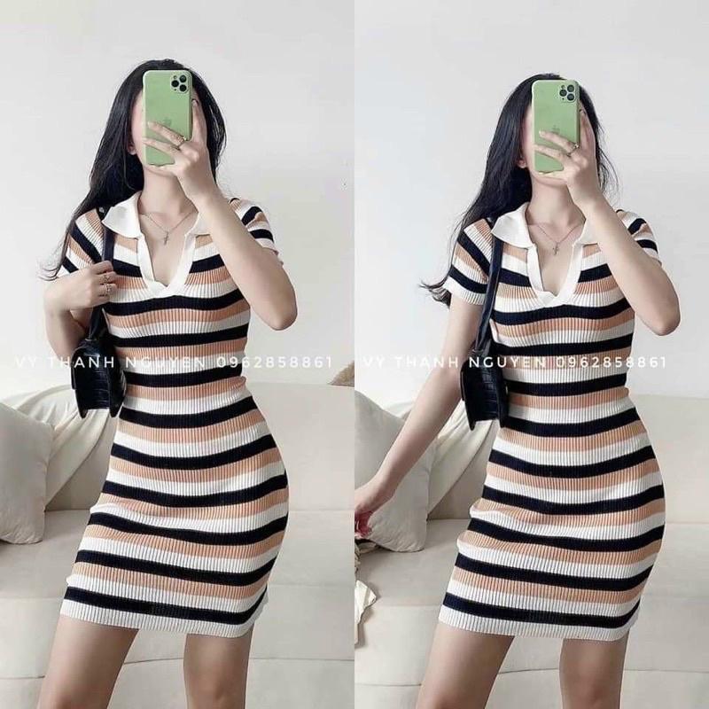 Váy Tăm Co giãn Body Có Cổ Polo Nữ