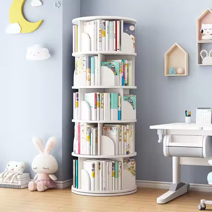 Kệ sách 4-5 tầng giá sách giá đỡ sàn sáng tạo xoay 360 độ giá sách bằng gỗ cho trẻ em sử dụng tại nhà