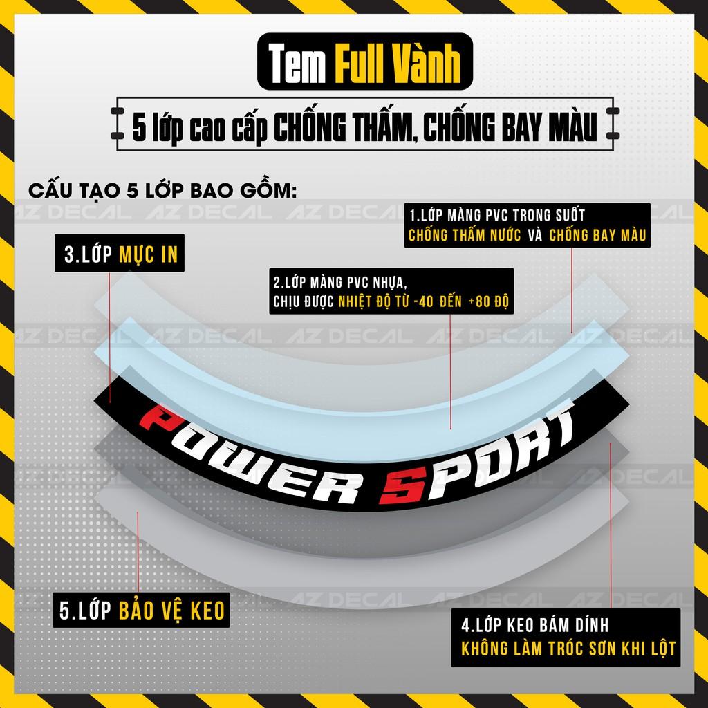 Tem Dán Vành Xe Máy, Xe Mô Tô Power Sport | FullV01 | Decal PVC Thiết Kế Kín Vành, Chống Nước, Dễ Dán