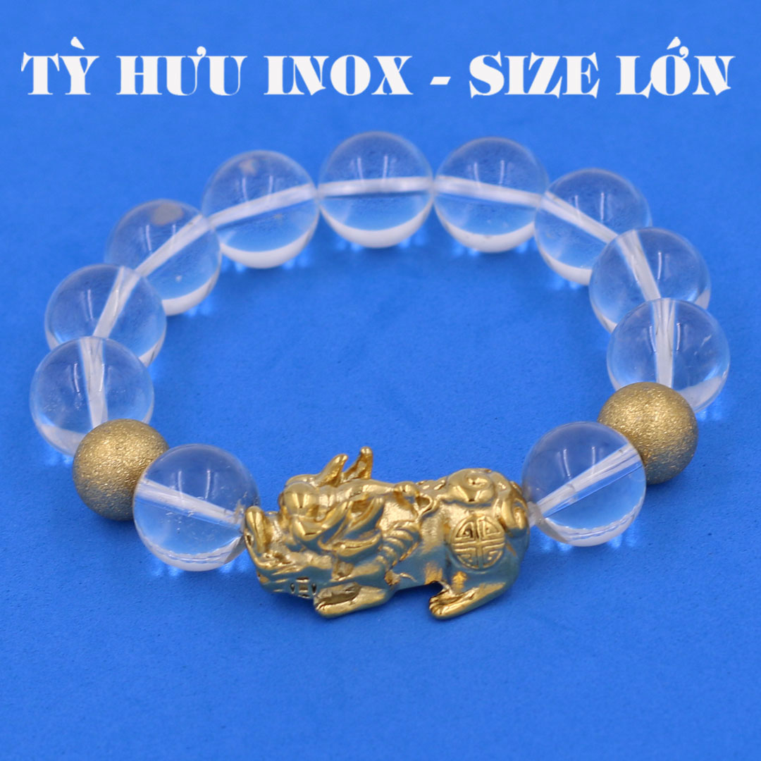 Vòng chuỗi đeo tay pha lê trắng 14 ly charm tỳ hưu và bi inox vàng, vòng tay chuỗi hạt