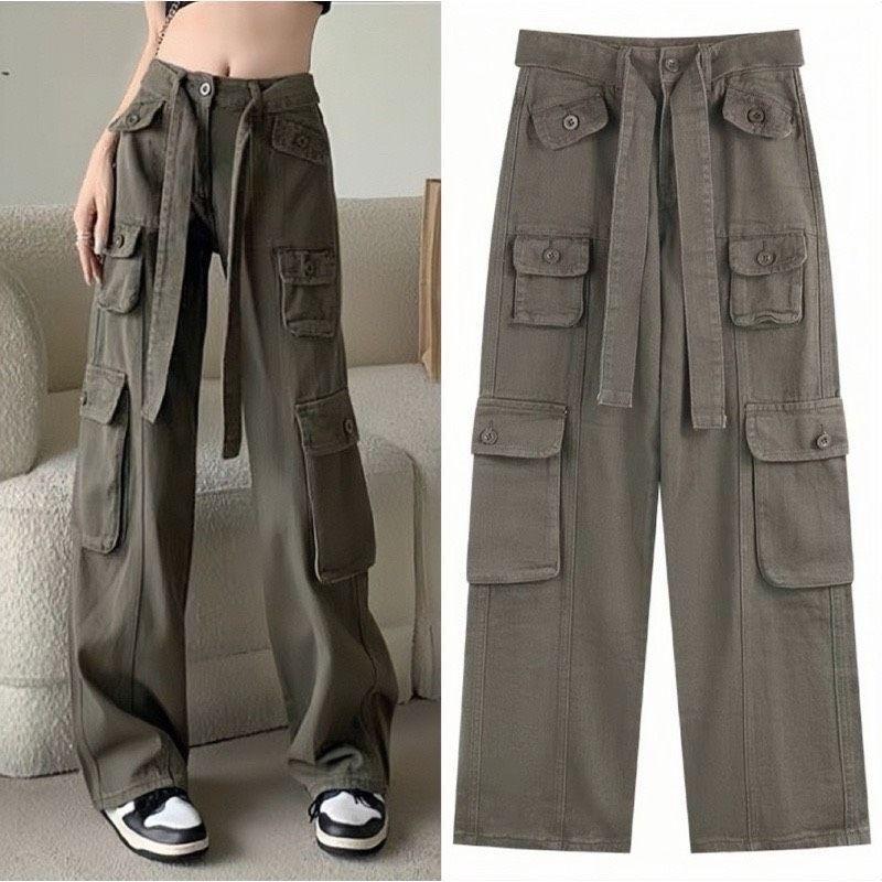 Quần kaki túi hộp Hiphop ống rộng xuông dài cargo pants trơn thời trang cho nữ/nam  -hình thật