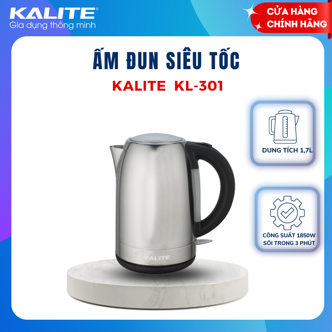 Ấm đun nước siêu tốc Kalite KL 301, dung tích 1.7L, công suất 1850W, 3 chế độ tự ngắt điện an toàn, hàng chính hãng