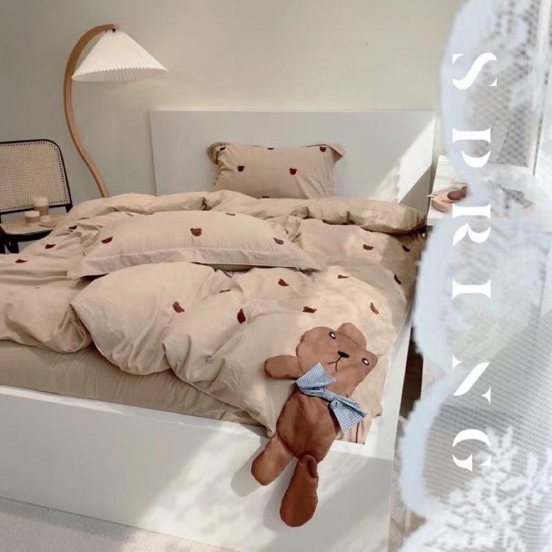 Bộ Chăn Ga Gối Cotton Hữu Cơ Hàng Nhập Khẩu Cao Cấp 4 Món Gấu Teddy Nơ