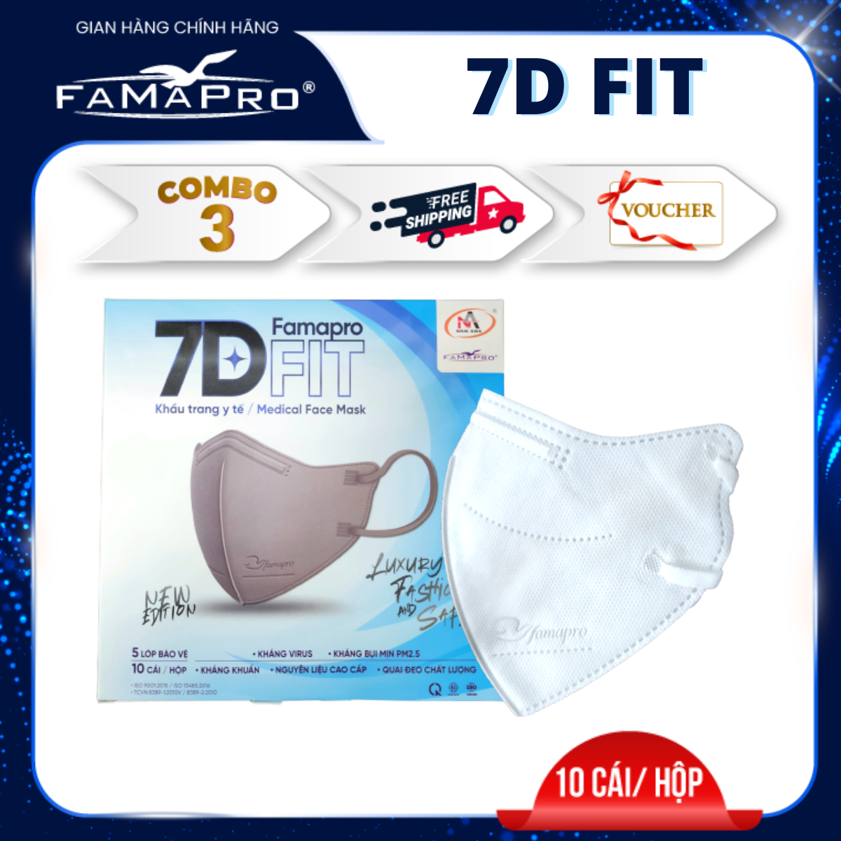 Famapro - 7D Fit Khẩu Trang Y Tế 5 Lớp Kháng Khuẩn Cao Cấp Famapro 7D Fit 10 Cáihộp - Combo 3 Hộp - Trắng