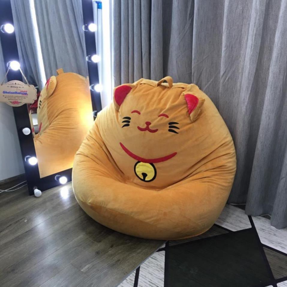 Ghế xốp Mèo thần tài Babykid, cỡ S, chất vải nhung lạnh Hàn quốc màu vàng (đã có hạt xốp)