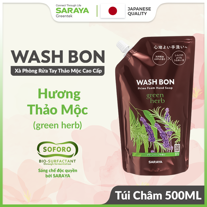 [TÚI CHÂM 500ml] Xà Phòng Rửa Tay Thảo Mộc Tạo Bọt WASH BON, Làm Sạch Và Dịu Nhẹ Với Da Tay