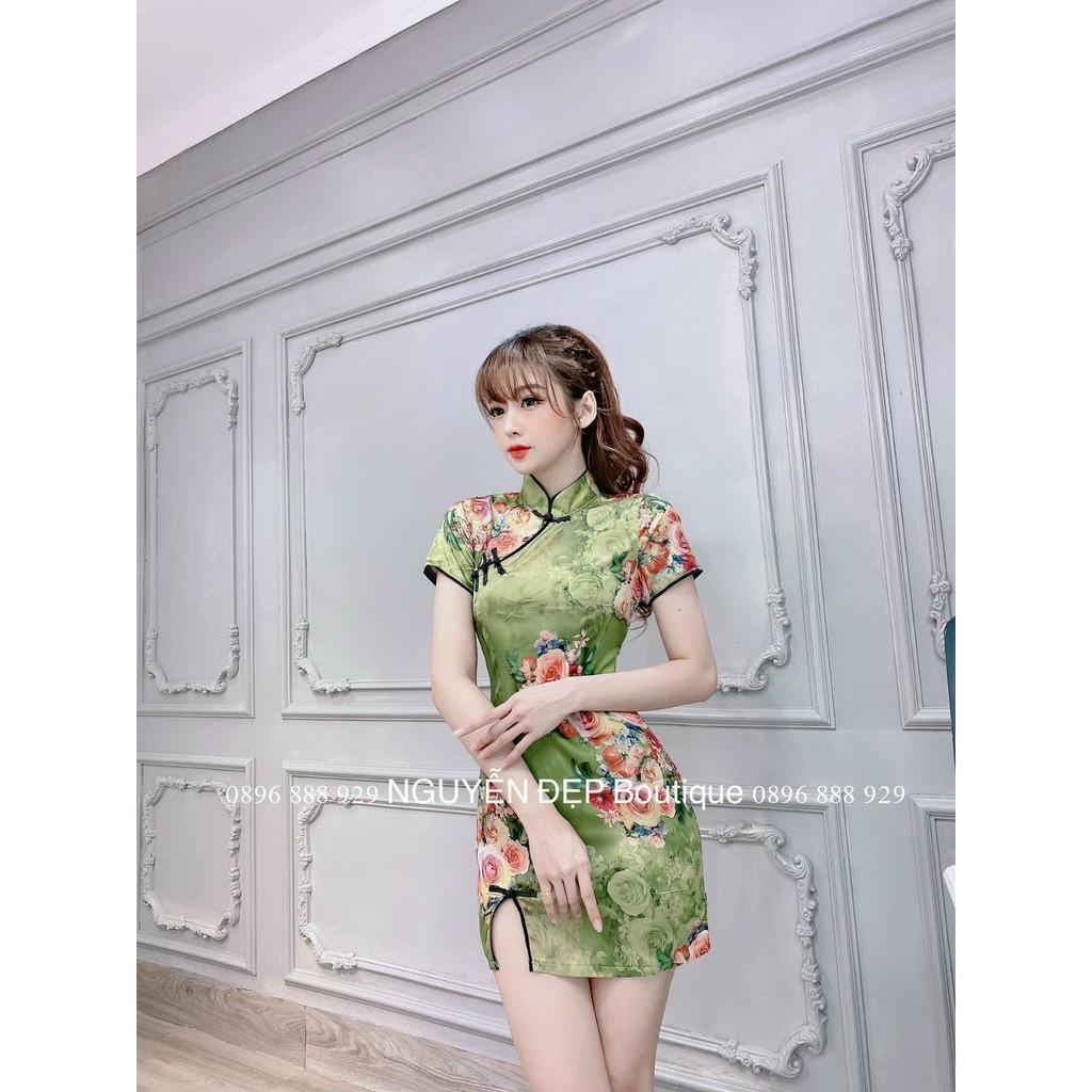 Sườn xám hoạ tiết hoa lá xinh lung linh