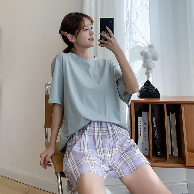 Bộ đồ nữ mặc nhà mùa hè mặc nhà kẻ dễ thương phiên bản Hàn Quốc
