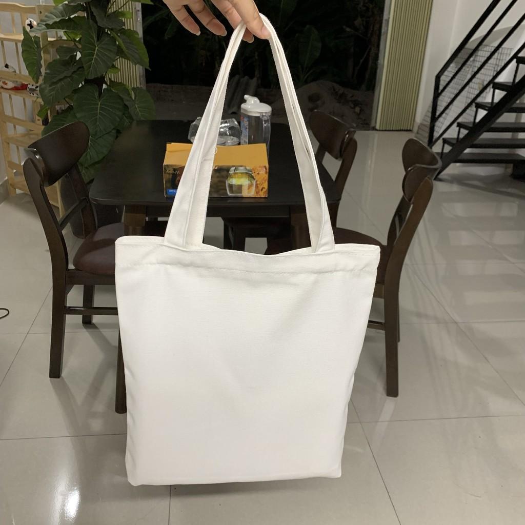 (New) TÚI TOTE VẢI CANVAS IN CHỮ + BIỂU TƯỢNG CÓ KHOÁ KÉO MIÊNG TÚI, TÚI PHỤ